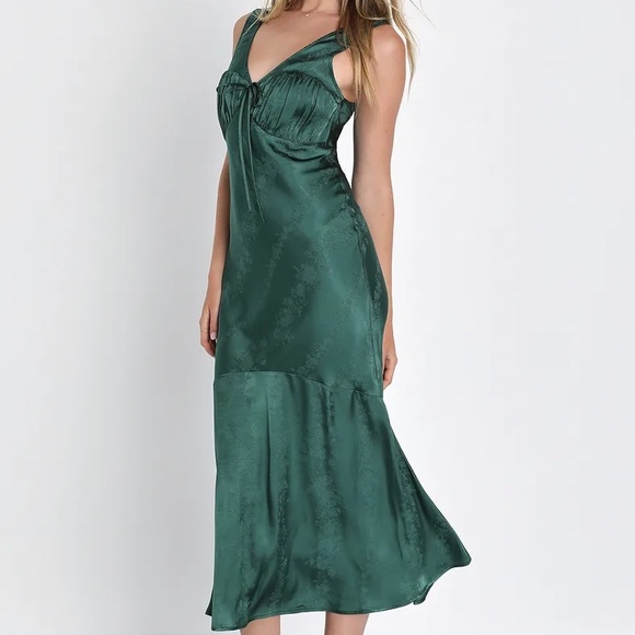 LULUS Exceptional Ideal Emerald Green Satin Jacquard Midi Dress - Picture 5 of 6